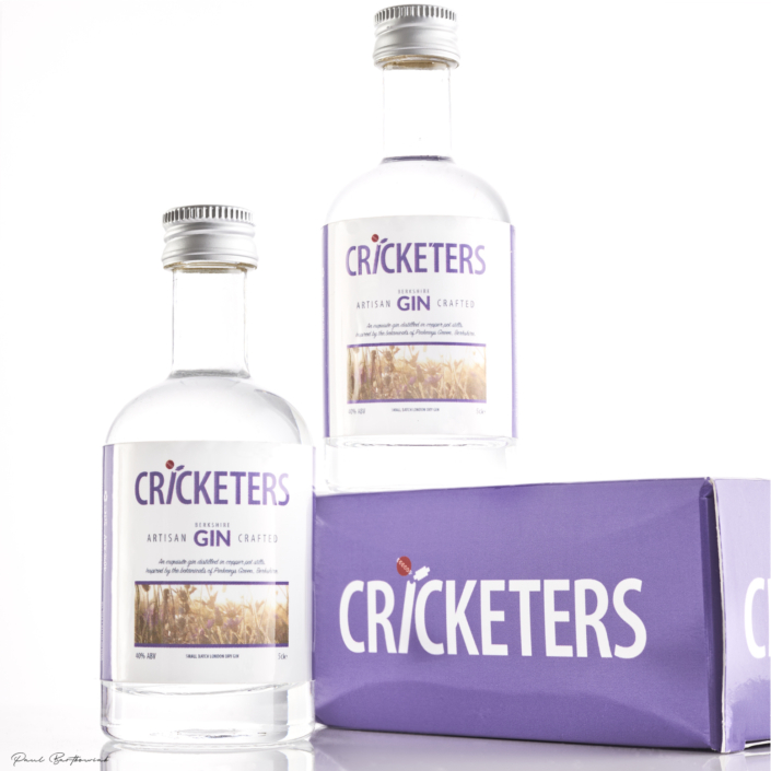 Cricketers gin Packshot, includes 2 50ml gin bottles,image take by product photographer Paul Bartkowiak in studio based in maidenhead just outside of London